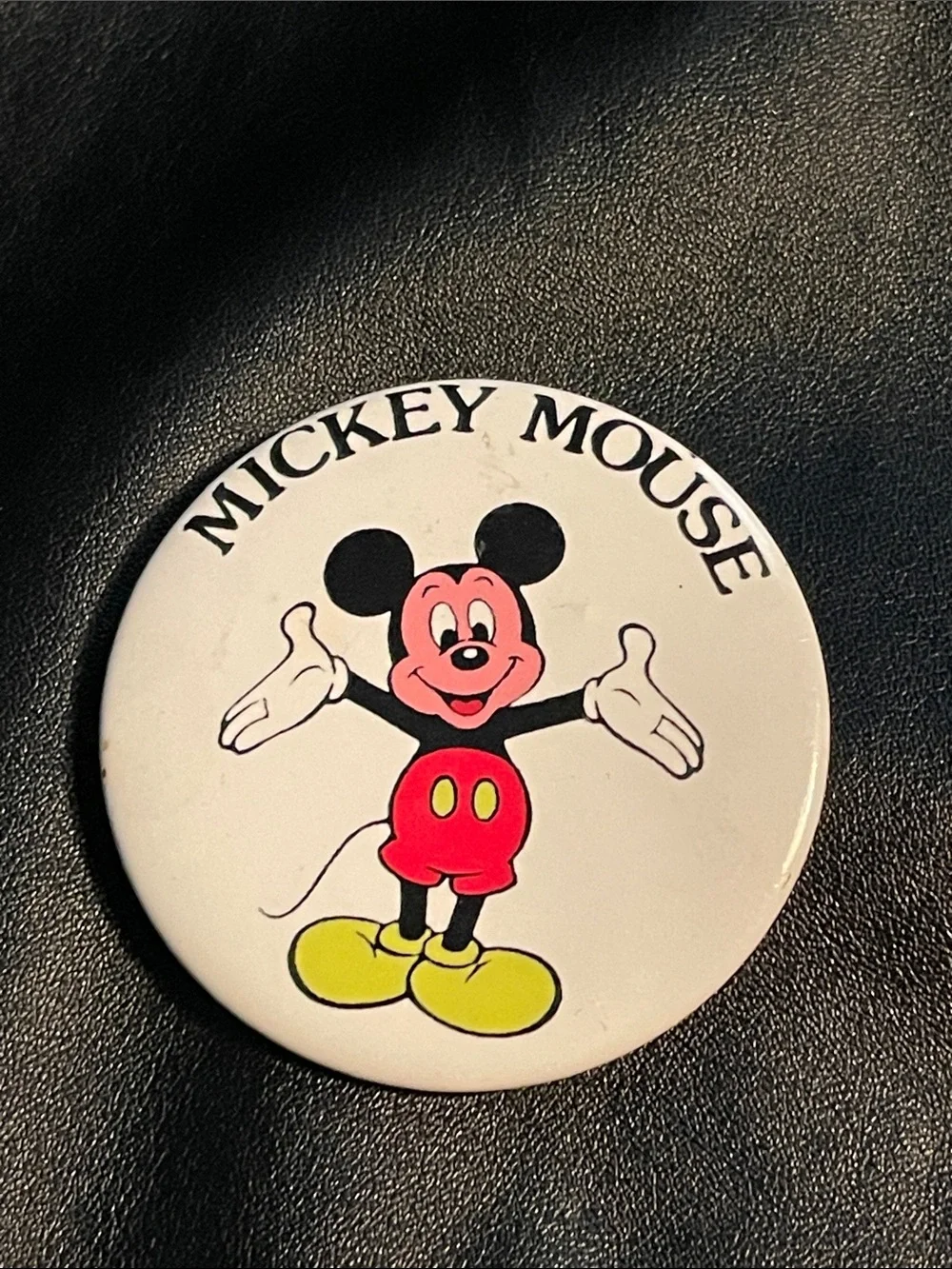 Disney’s 70’s Mickey Mouse White Round Party Button Pin with Red/Yellow Accents.
